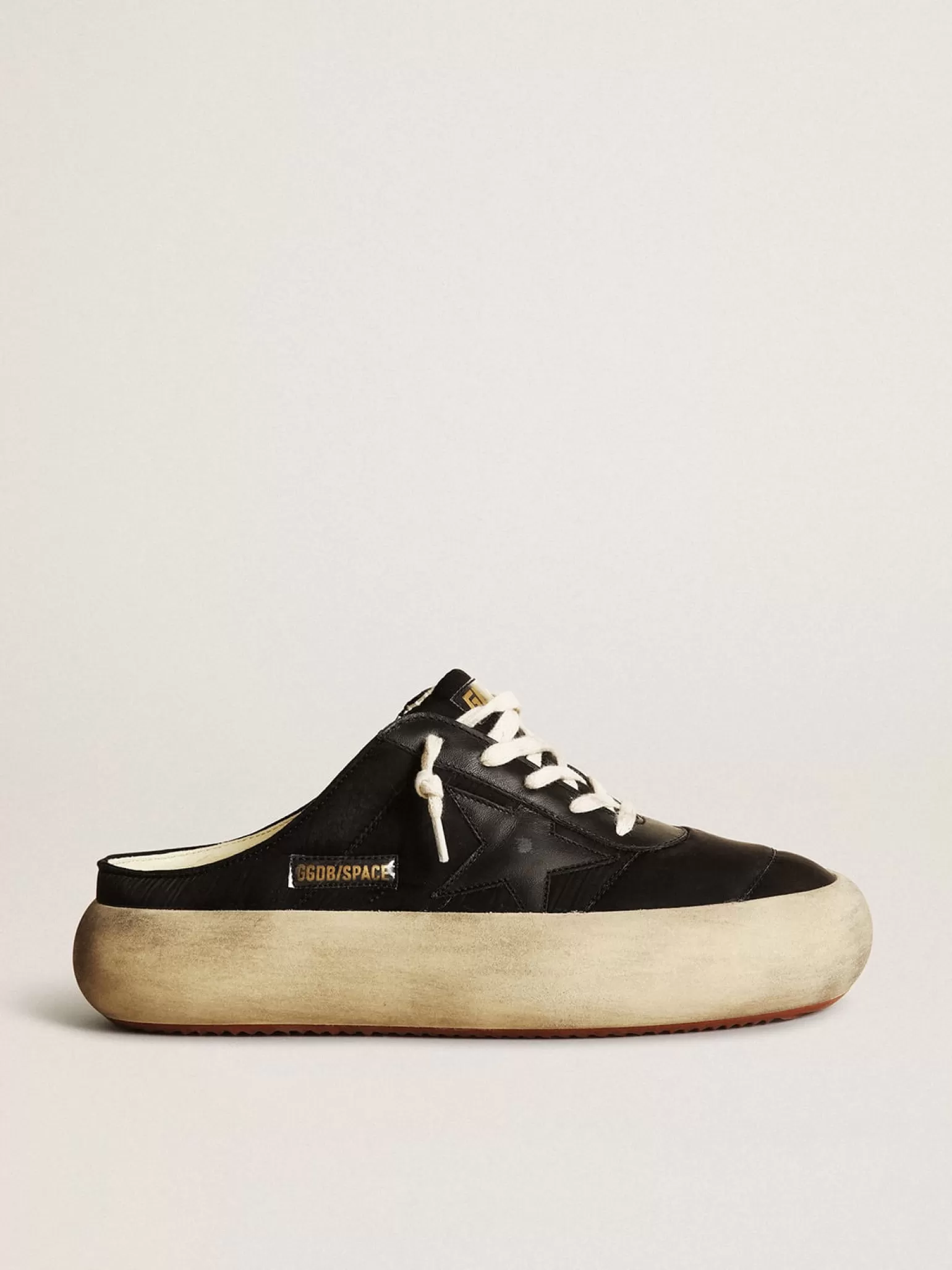 Clearance Mule Space-Star de náilon preto com estrela de couro preto MULHER Space-Star