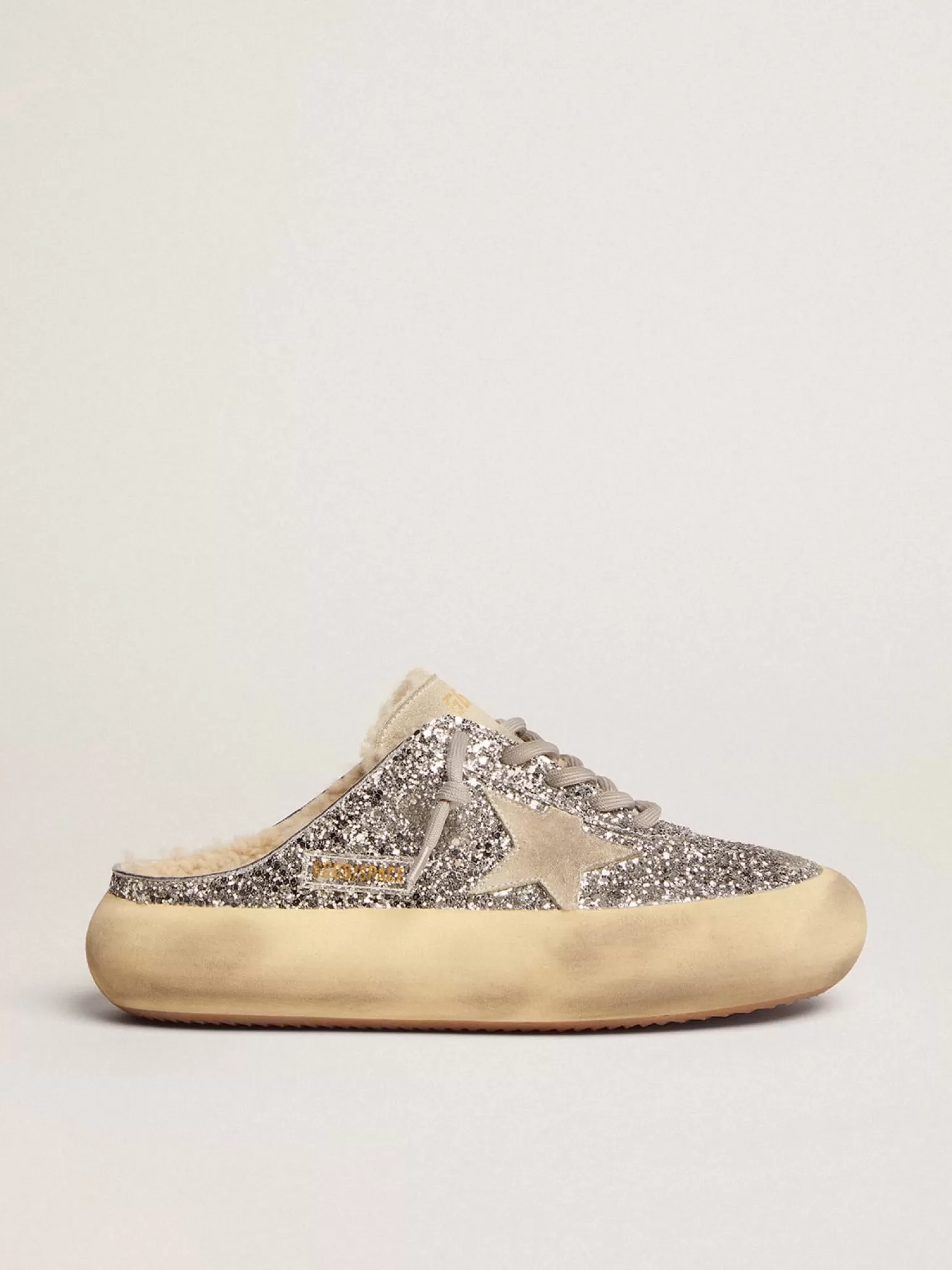 Fashion Mule Space-Star feminino em glitter prateado e forro de shearling MULHER Space-Star