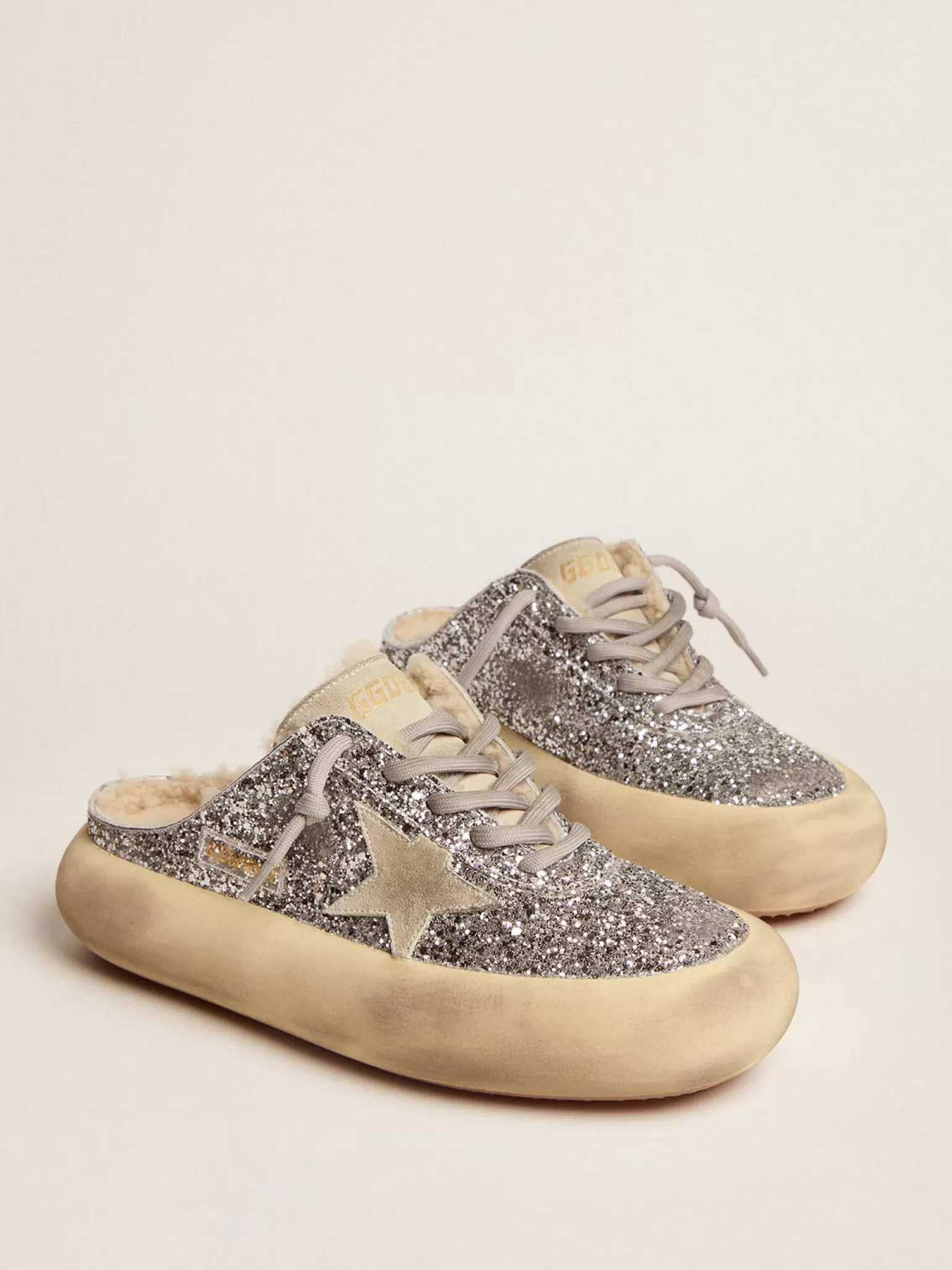 Fashion Mule Space-Star feminino em glitter prateado e forro de shearling MULHER Space-Star