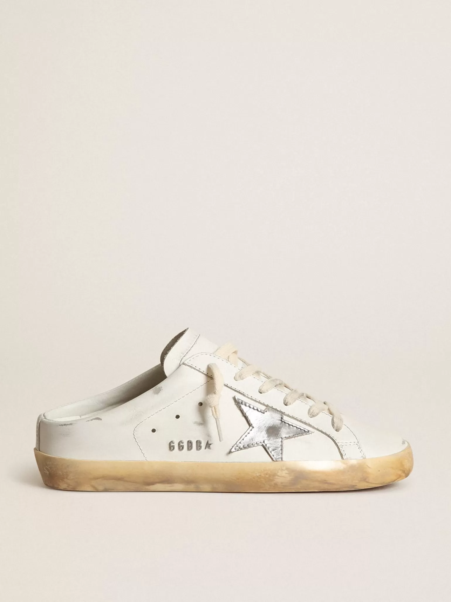 Cheap Mule Super-Star de couro branco com estrela de couro metálico prateado MULHER Super-Star Sabot