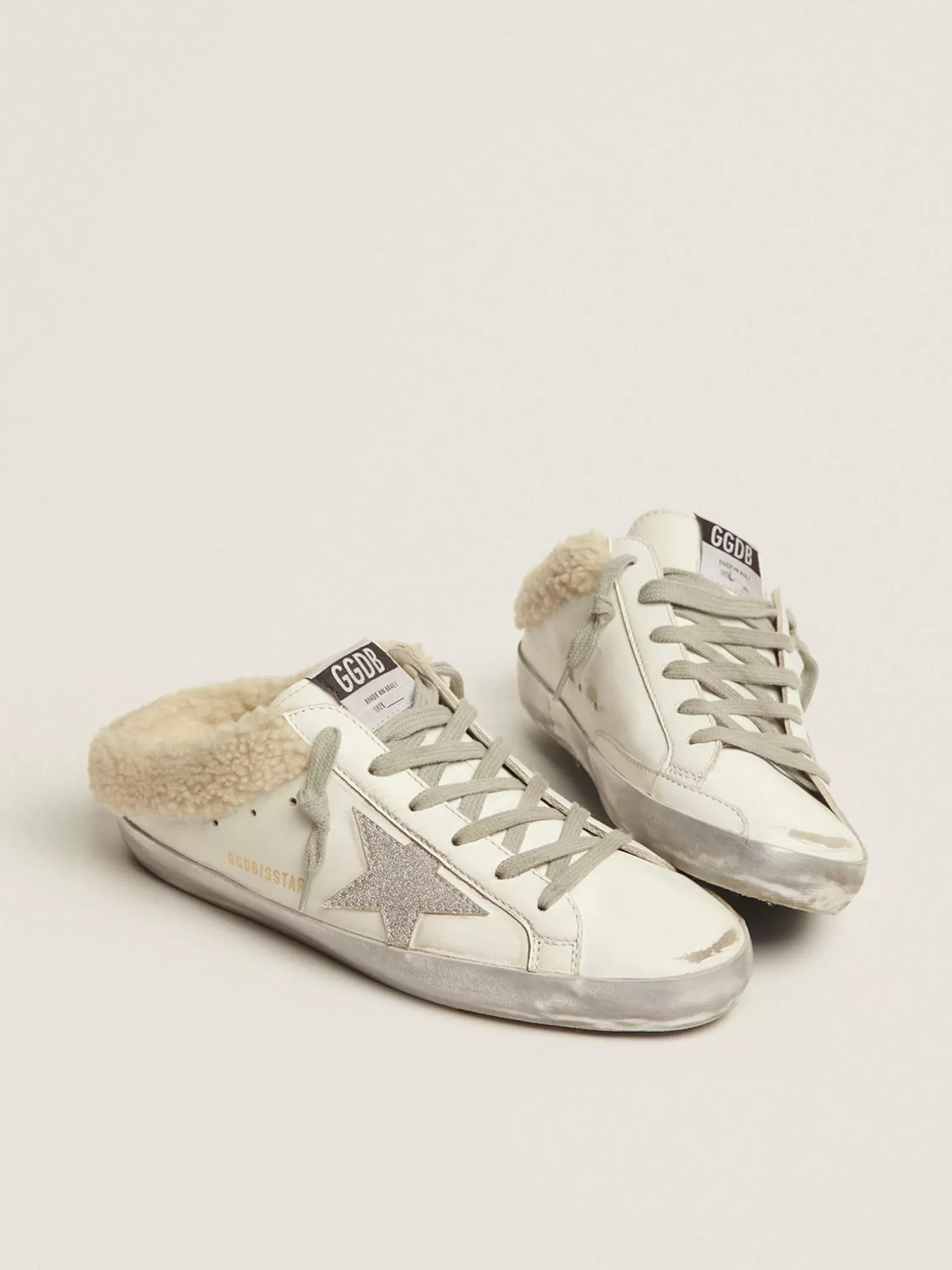 Sale Mule Super-Star de couro branco e forro de shearling MULHER Super-Star Sabot