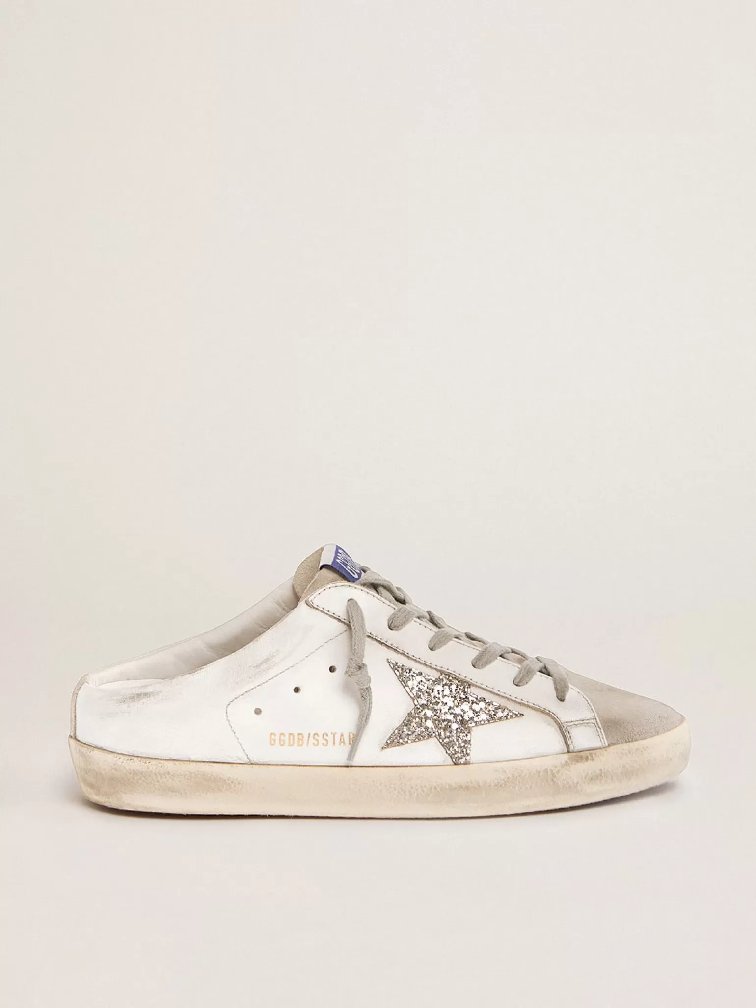 New Mule Super-Star de couro branco e suede cinza com estrela de glitter prateado MULHER Super-Star Sabot