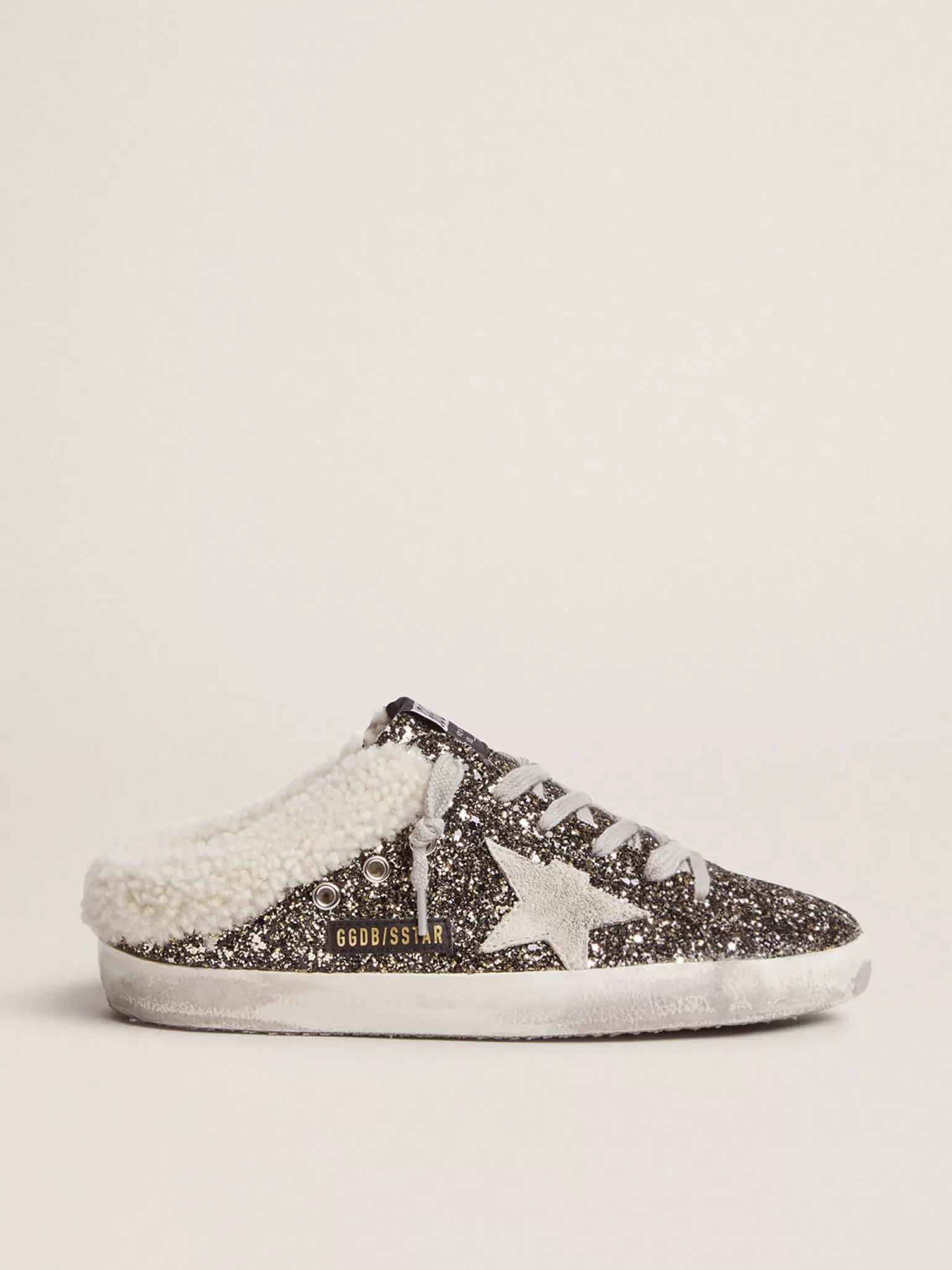 Fashion Mule Super-Star feminino com glitter e interior de shearling MULHER Super-Star Sabot