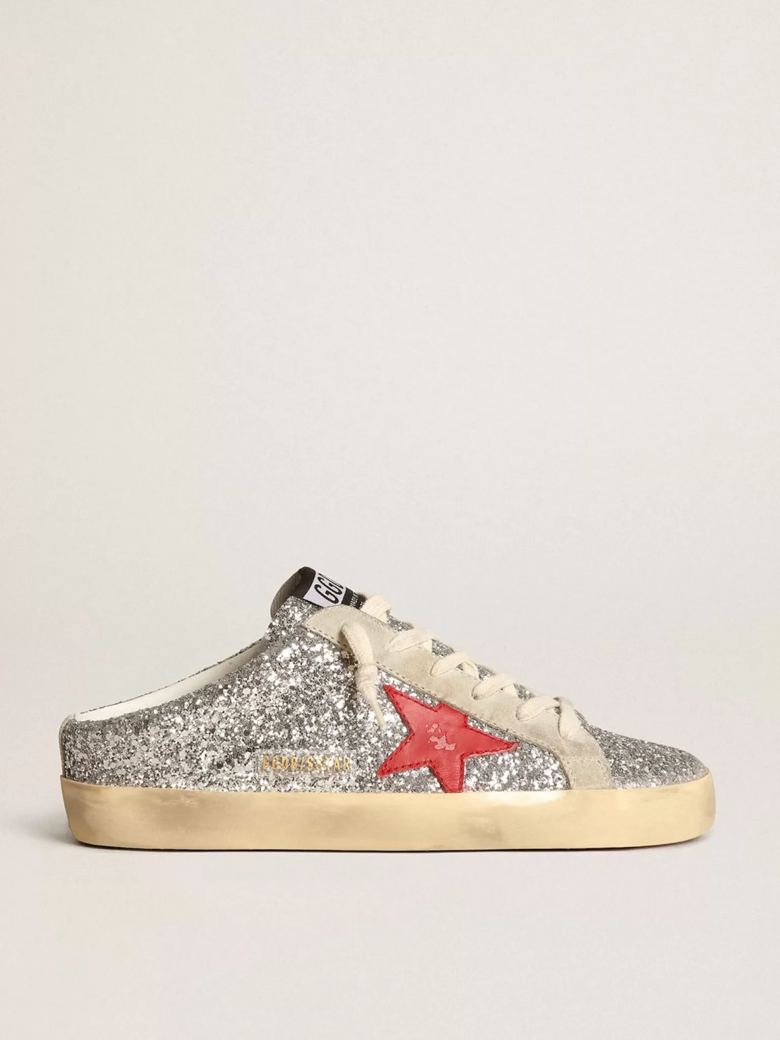 Flash Sale Mule Super-Star feminino em glitter prateado com estrela de couro vermelho MULHER Super-Star Sabot