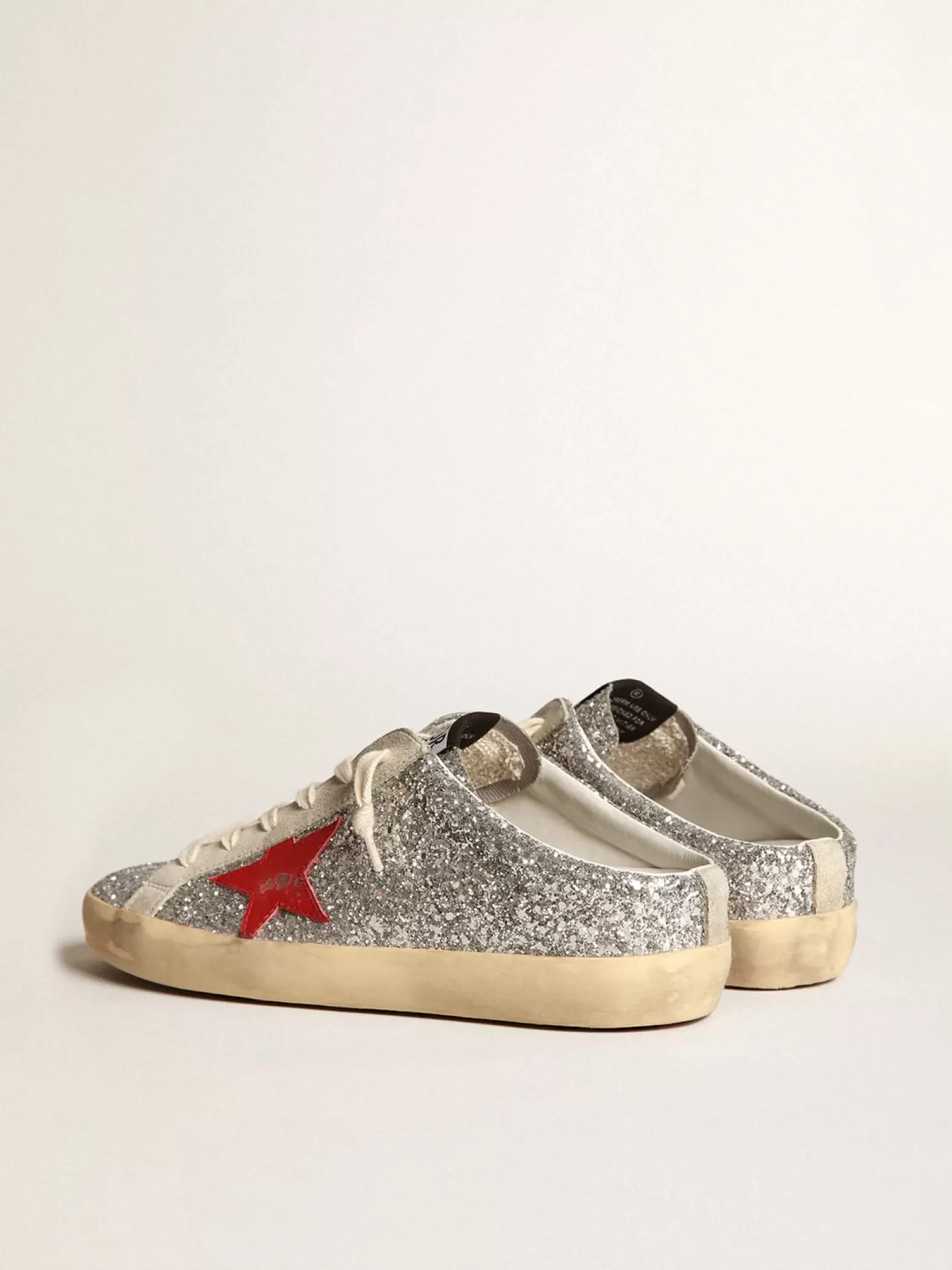 Flash Sale Mule Super-Star feminino em glitter prateado com estrela de couro vermelho MULHER Super-Star Sabot