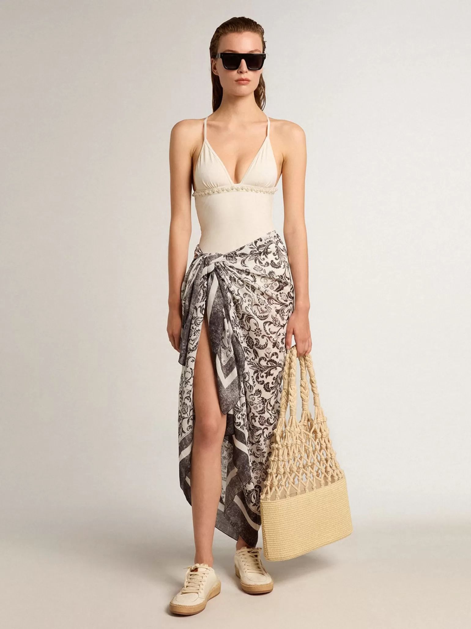 Cheap Pareô de voile de algodão com estampa branca e preta all-over MULHER Beachwear