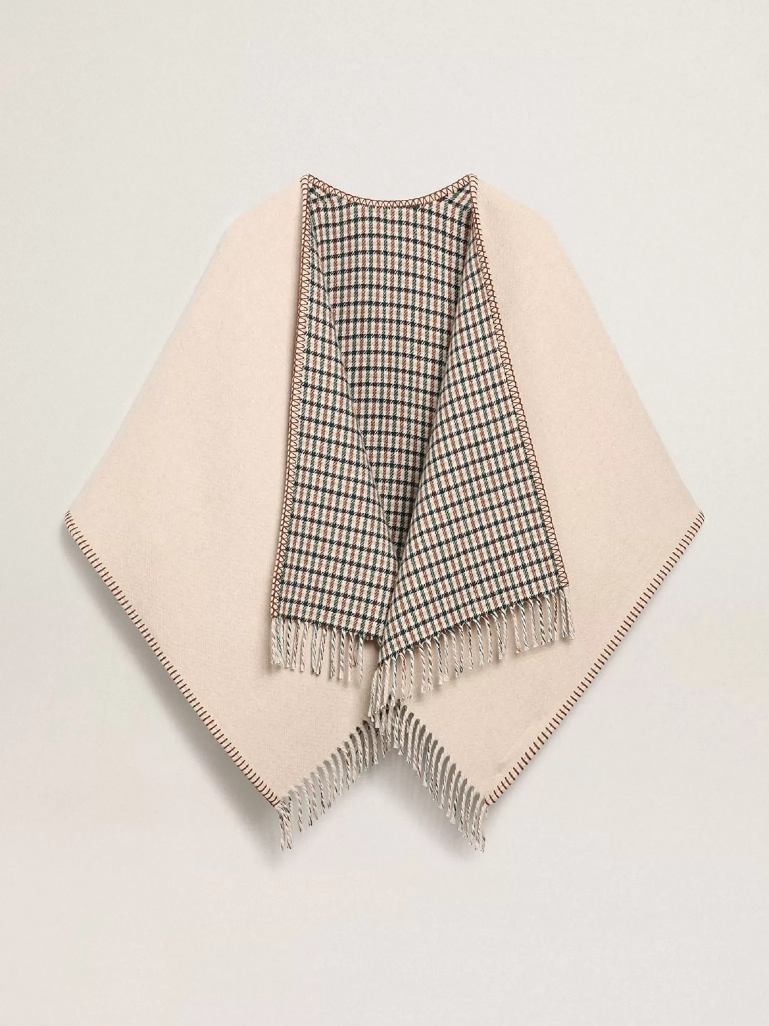 Cheap Poncho de lã dupla face na cor creme com estampa xadrez e inscrição MULHER Malhas | Malhas