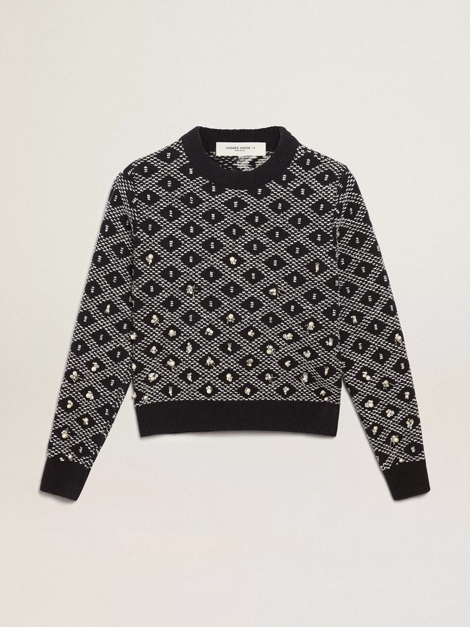 Store Pulôver feminino de gola redonda com motivos geométricos brancos e azuis MULHER Malhas