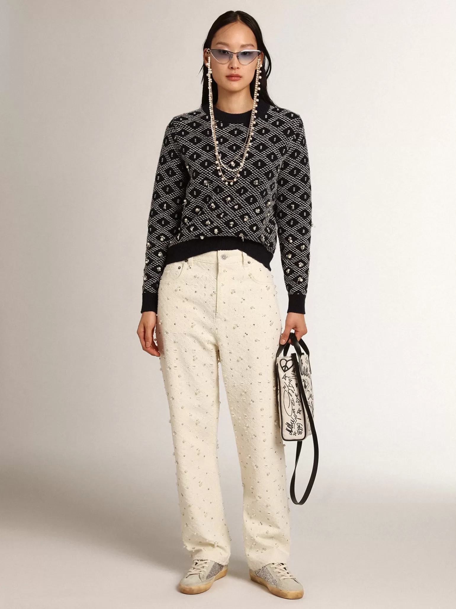 Store Pulôver feminino de gola redonda com motivos geométricos brancos e azuis MULHER Malhas