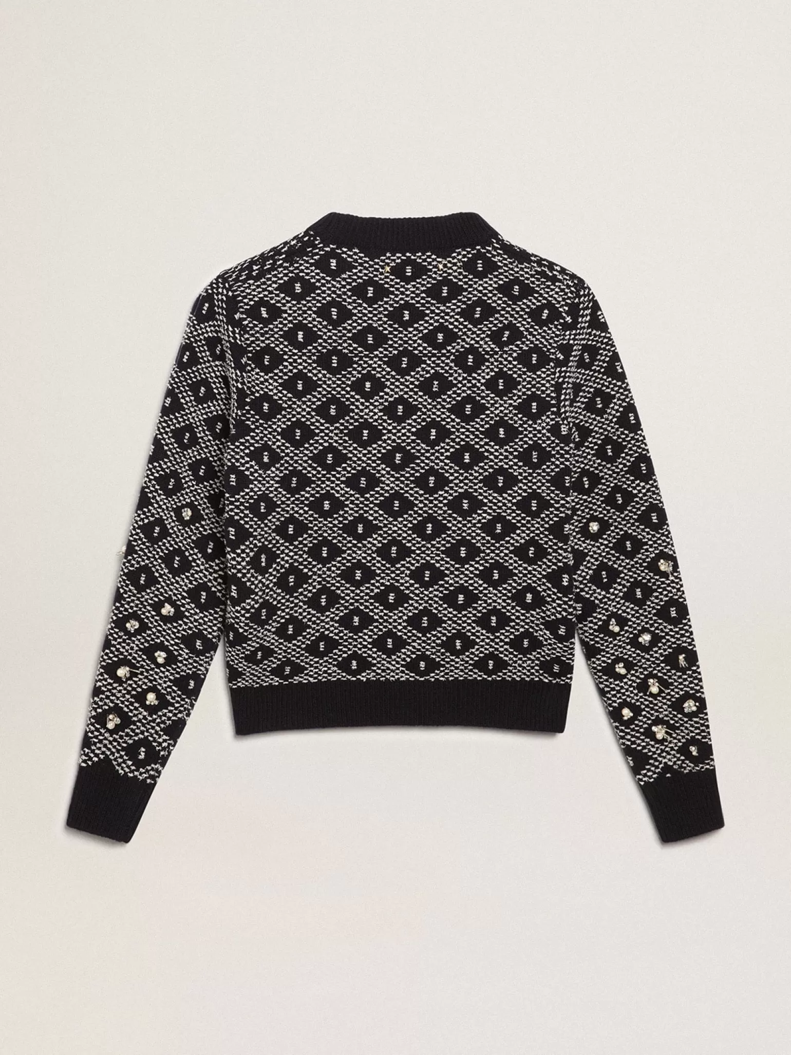 Store Pulôver feminino de gola redonda com motivos geométricos brancos e azuis MULHER Malhas
