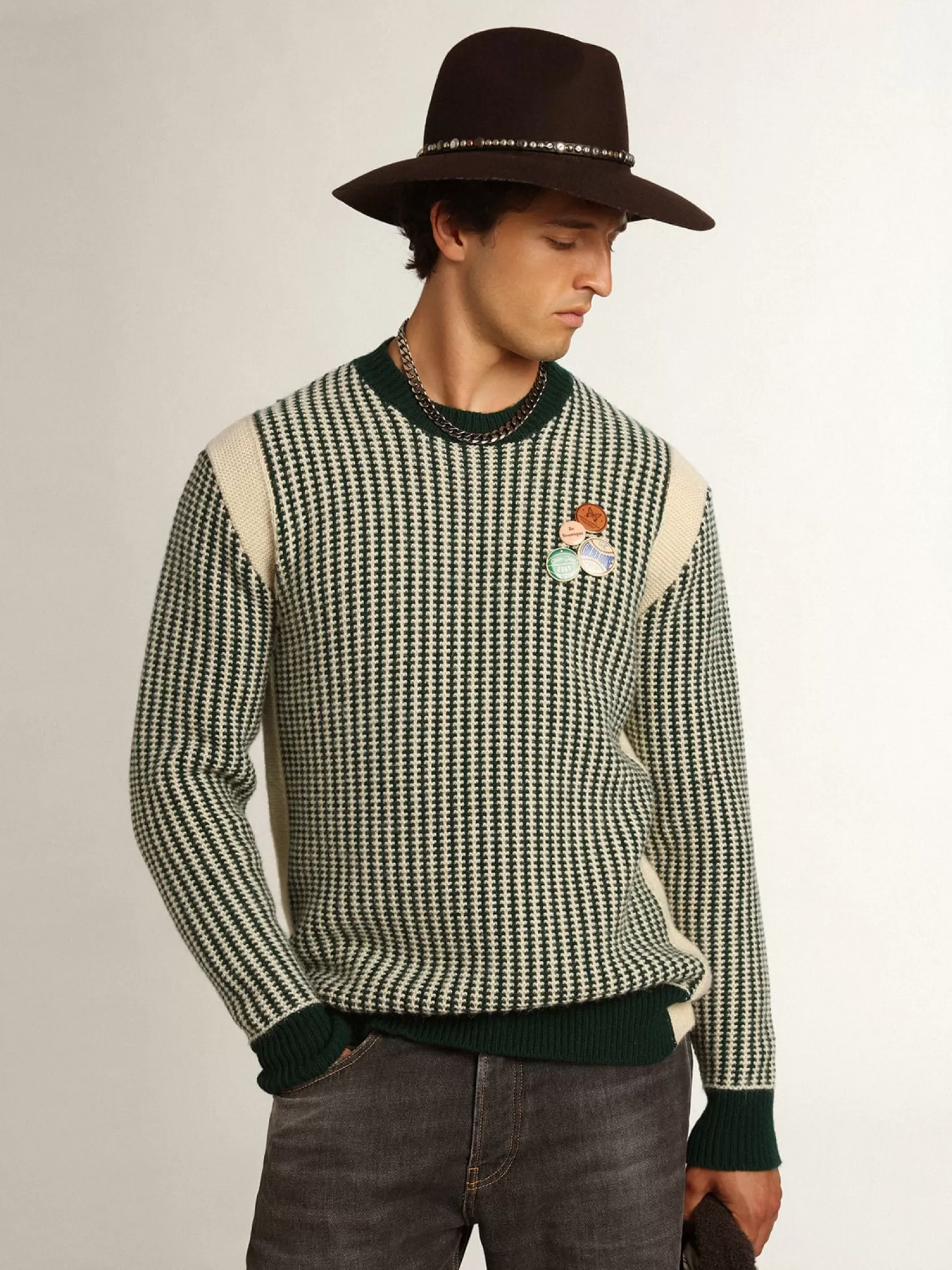 Flash Sale Pulôver masculino de gola redonda de lã bicolor branca e verde Malhas