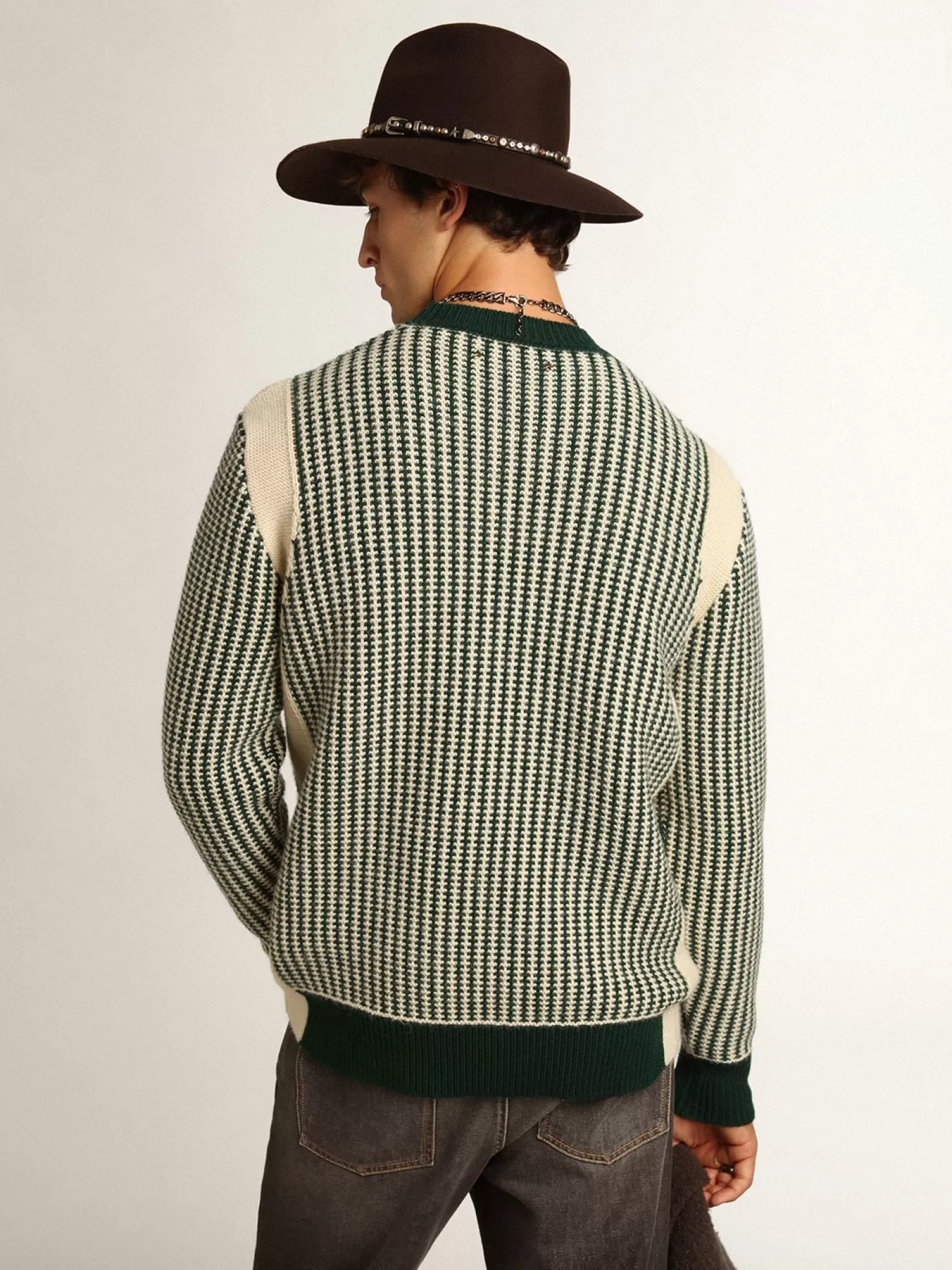 Flash Sale Pulôver masculino de gola redonda de lã bicolor branca e verde Malhas