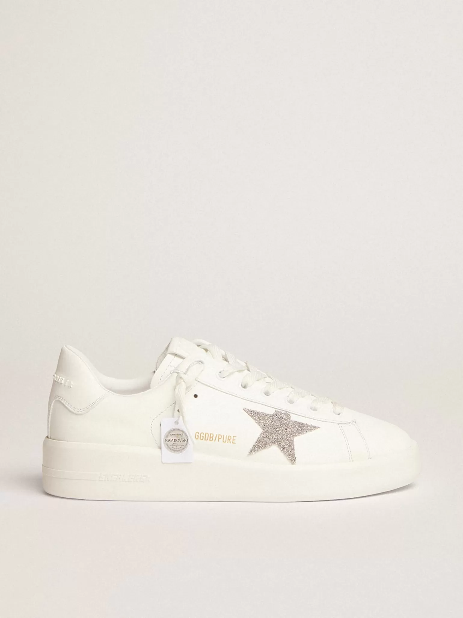 Fashion Purestar feminino de couro branco com estrela de cristais prateados MULHER Purestar