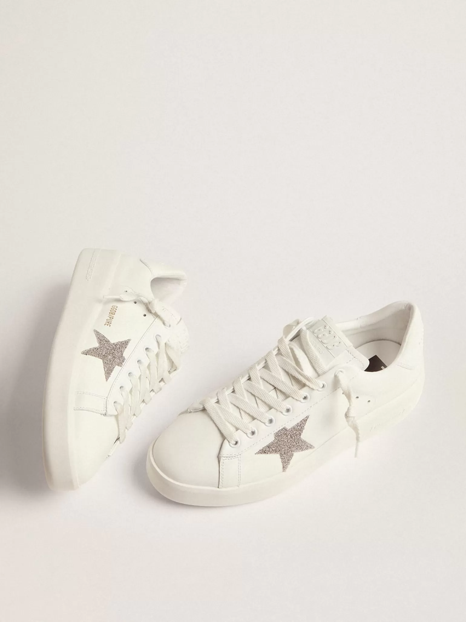 Fashion Purestar feminino de couro branco com estrela de cristais prateados MULHER Purestar