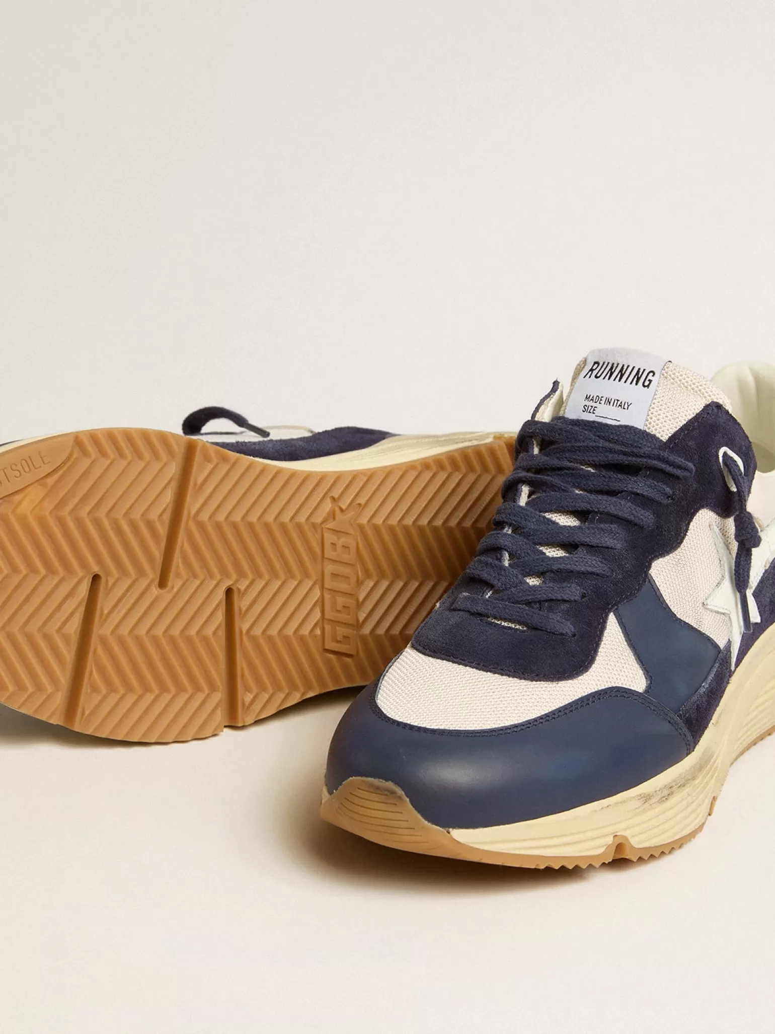 Flash Sale Running Sole de tela creme e couro azul com estrela de couro branca Running Sole