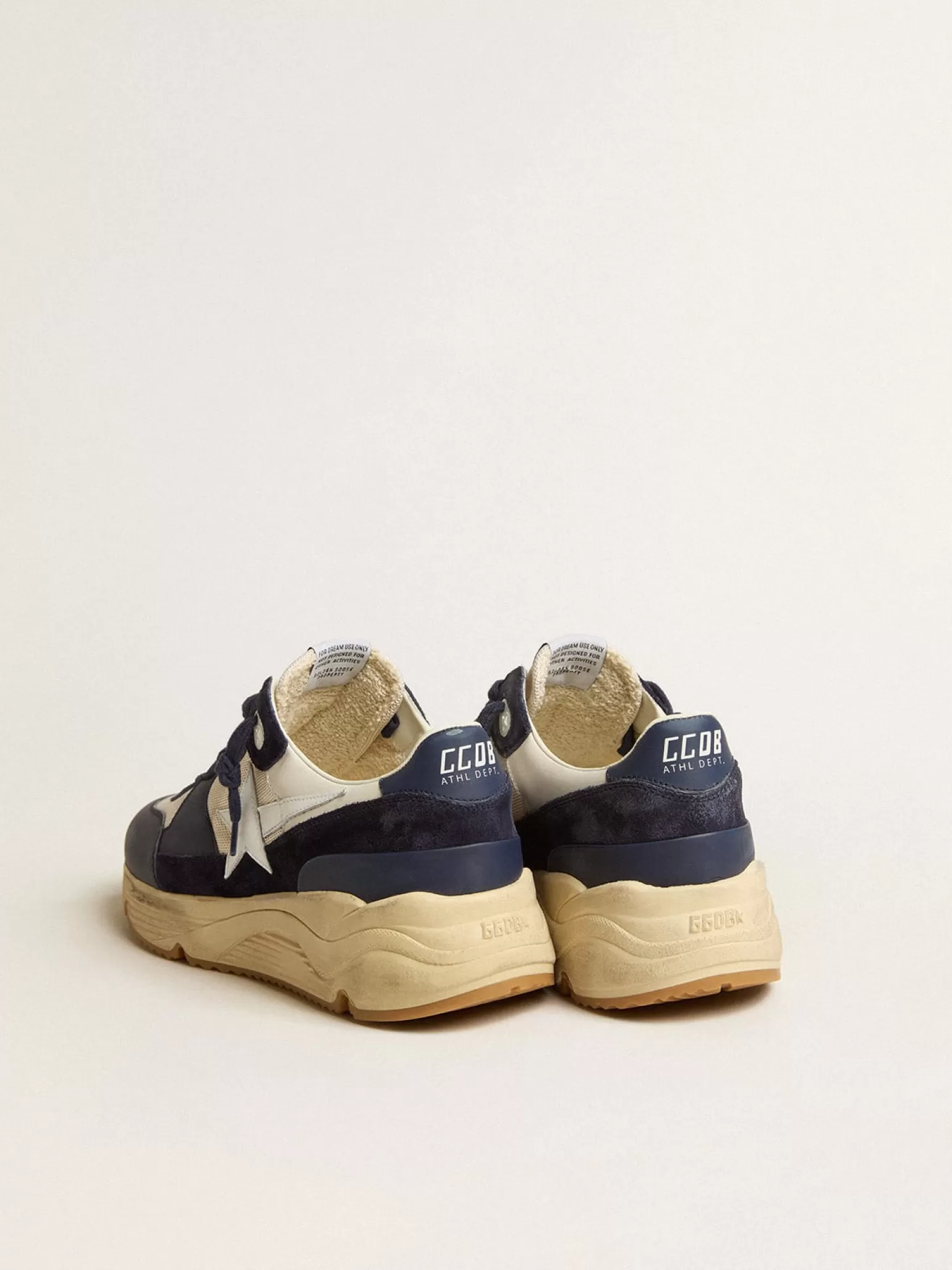 Flash Sale Running Sole de tela creme e couro azul com estrela de couro branca Running Sole