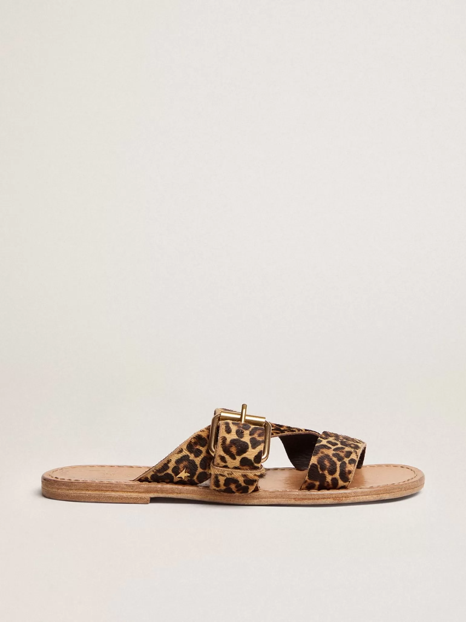 Hot Sandália rasteira Feminina de couro cavalinho com estampa de leopardo MULHER Sapatos | Beachwear