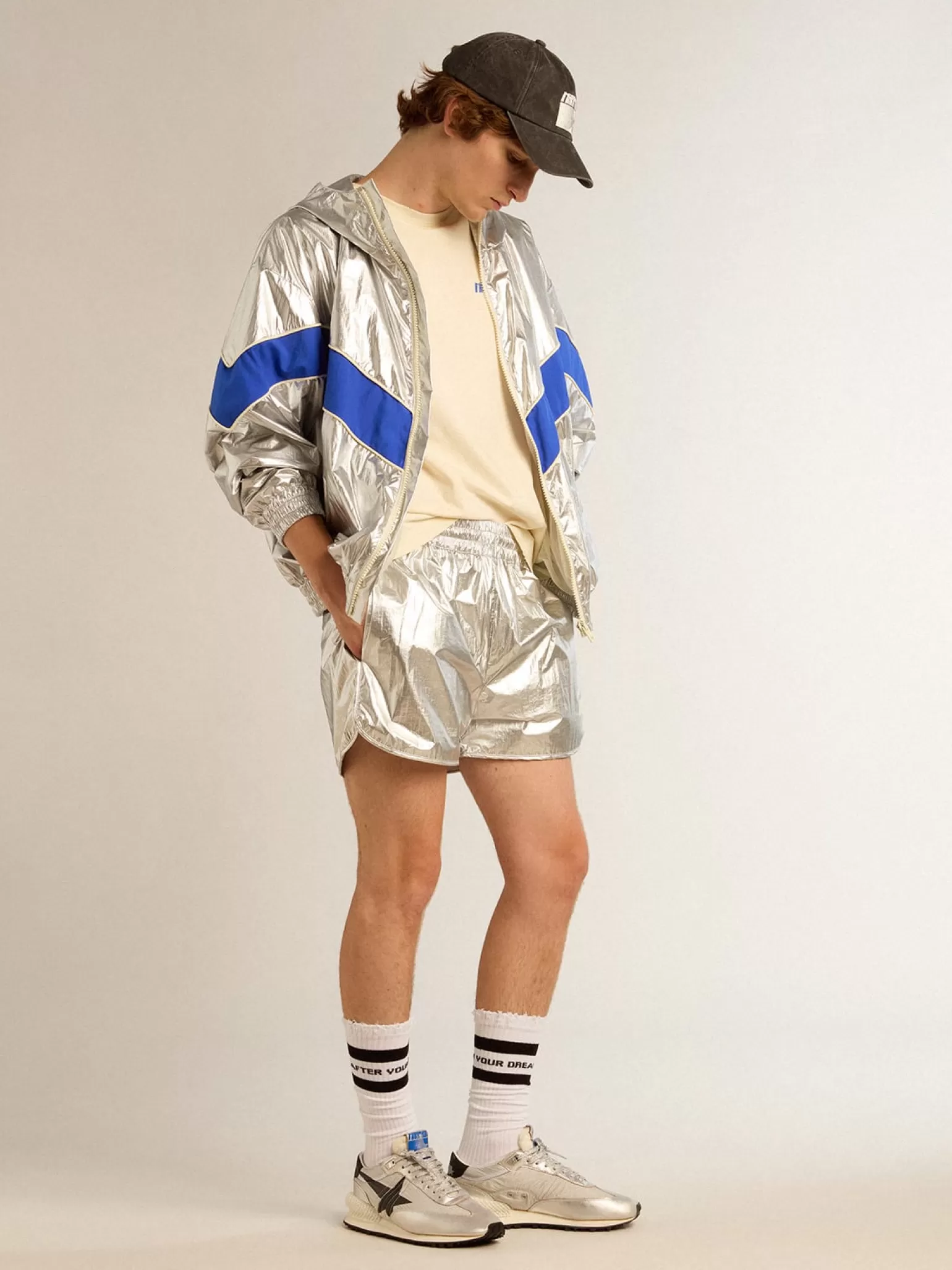 Discount Short de corrida masculino de tecido prateado Jeans e calças