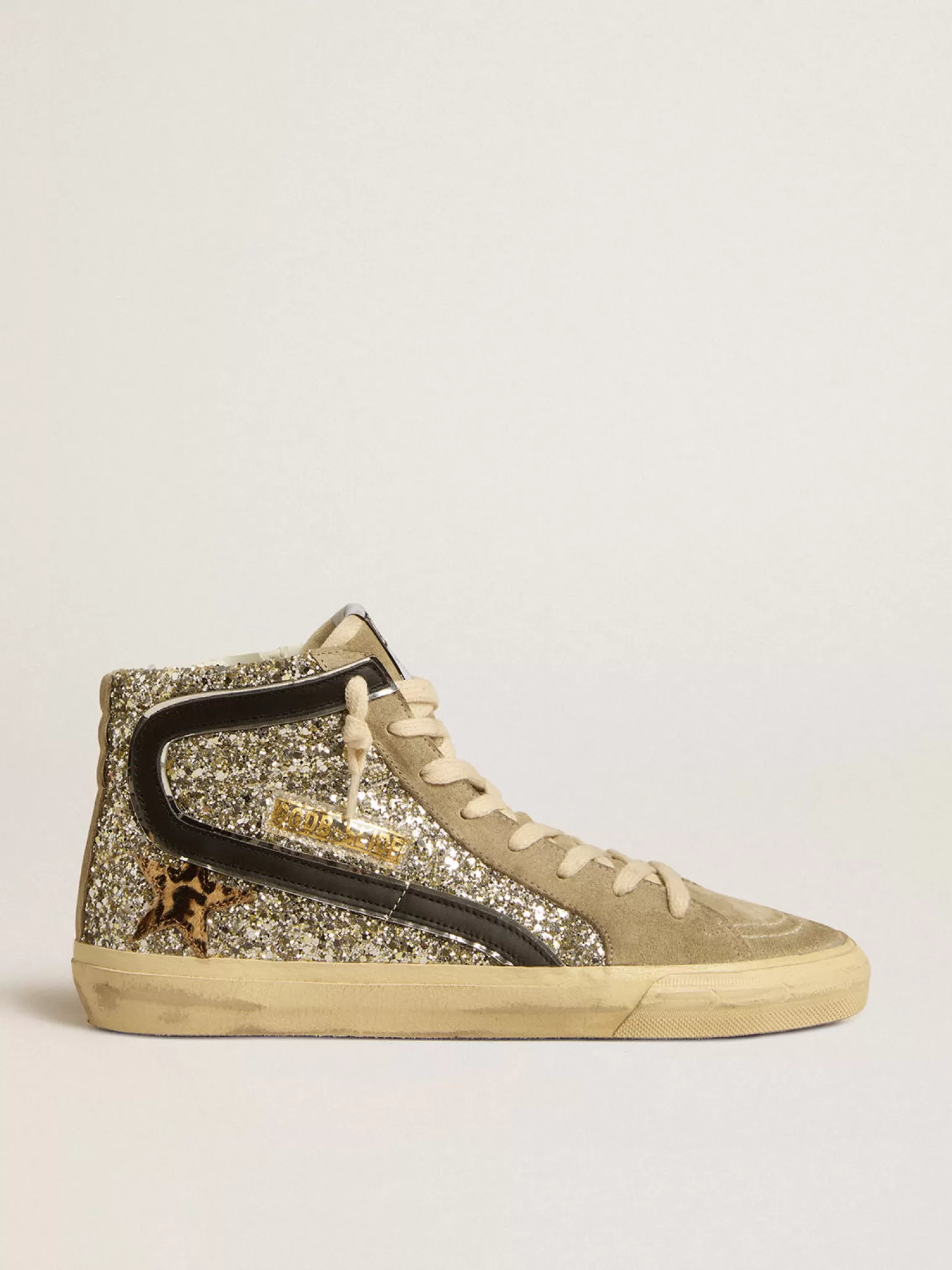 Cheap Slide de glitter platinado com estrela de cavalinho leopardo e lista preta MULHER Slide