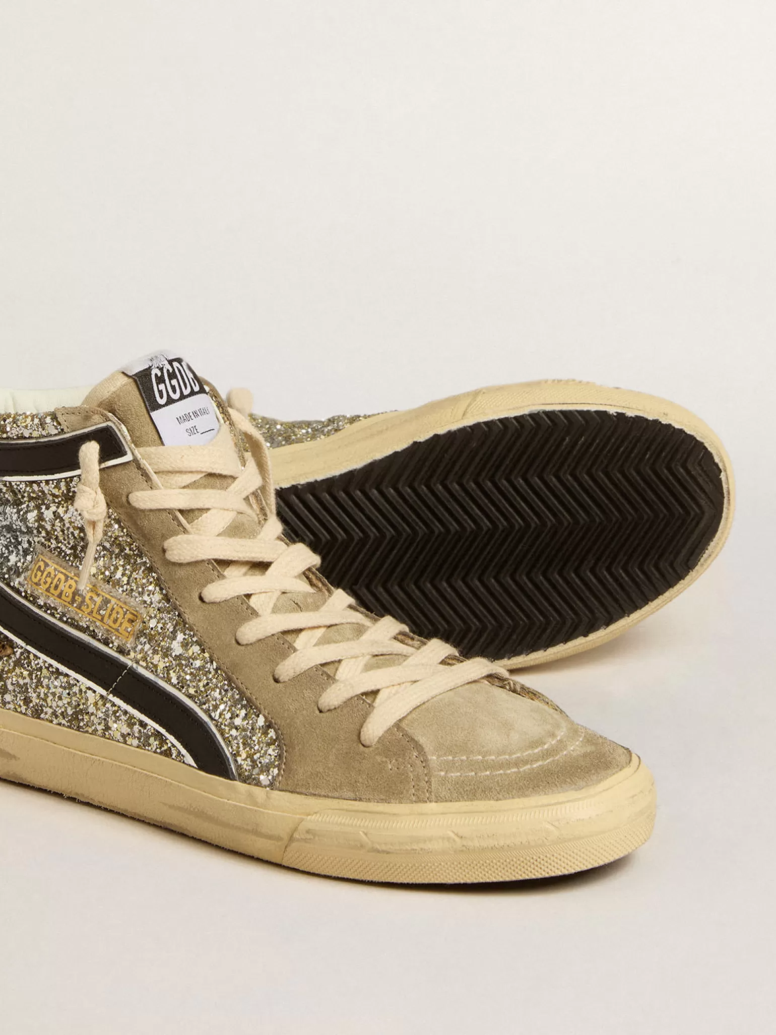 Cheap Slide de glitter platinado com estrela de cavalinho leopardo e lista preta MULHER Slide