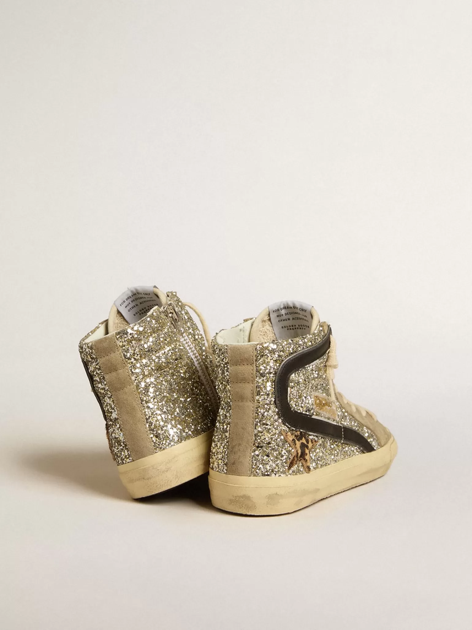 Cheap Slide de glitter platinado com estrela de cavalinho leopardo e lista preta MULHER Slide