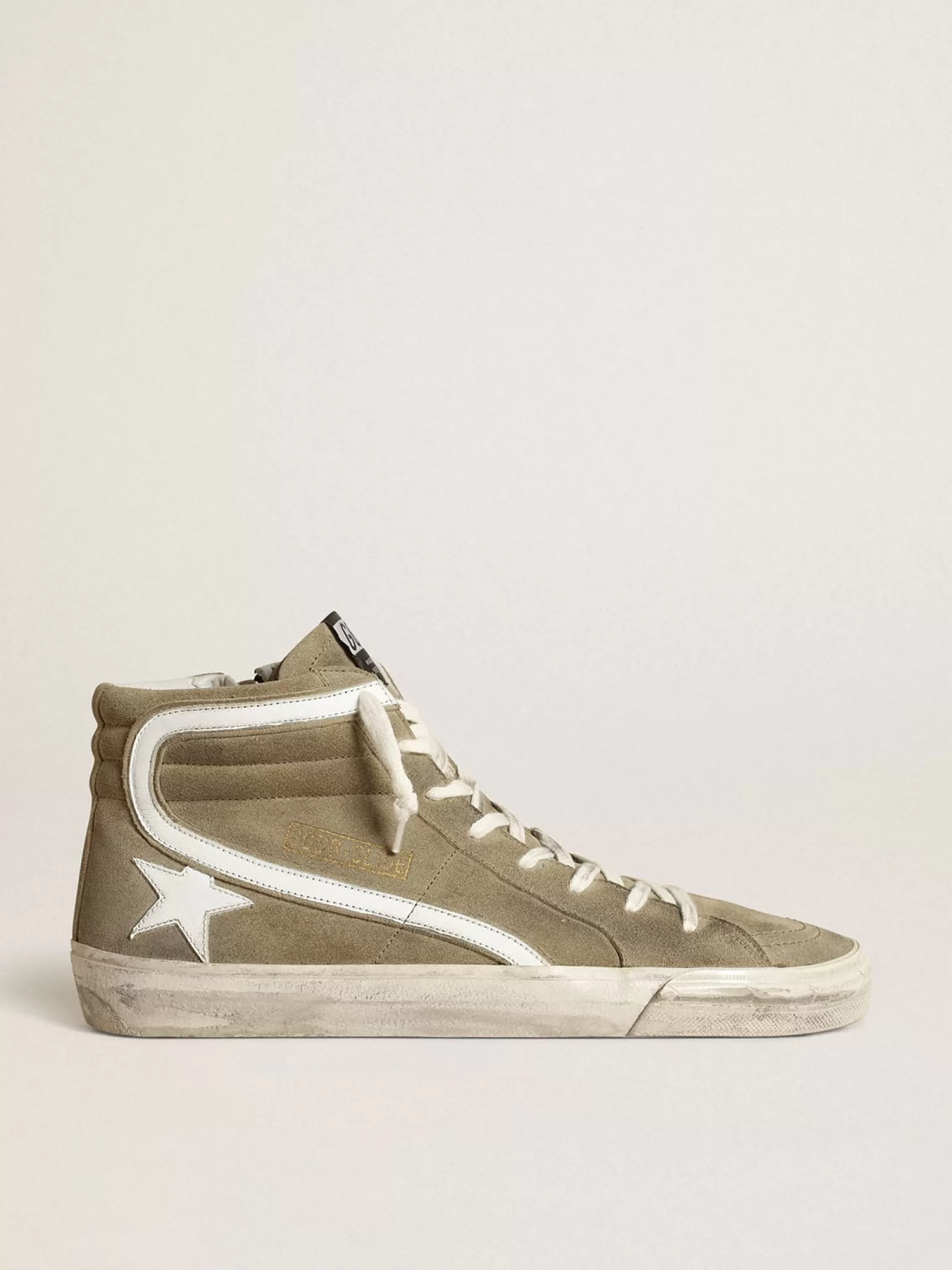 Clearance Slide masculino de suede verde-militar com estrela e lista brancas Slide