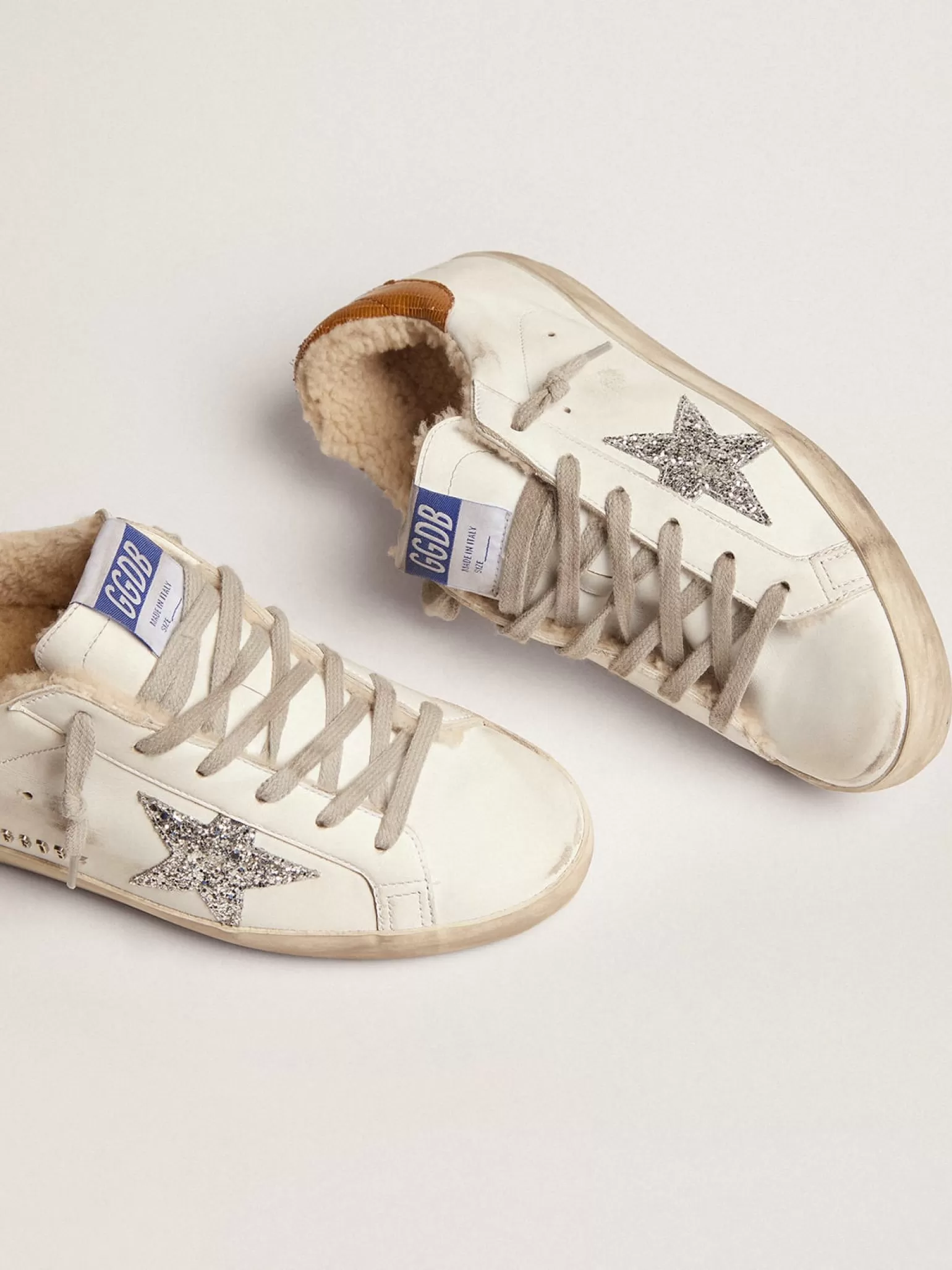 Discount Super-Star feminino com forro de shearling e estrela de glitter prateado MULHER Super-Star