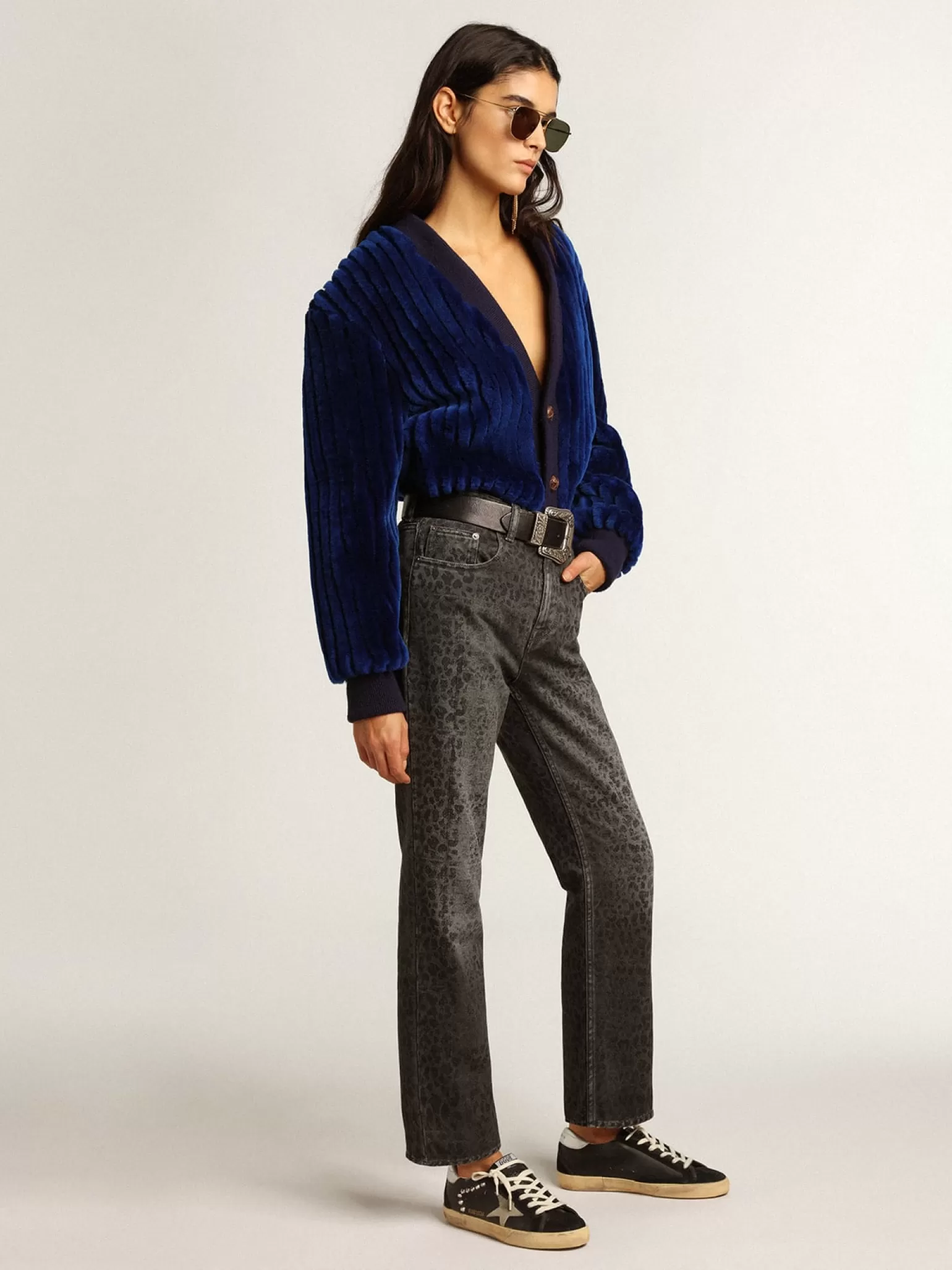 Cheap Super-Star Feminino de couro e suede pretos com tachas prateadas MULHER Super-Star