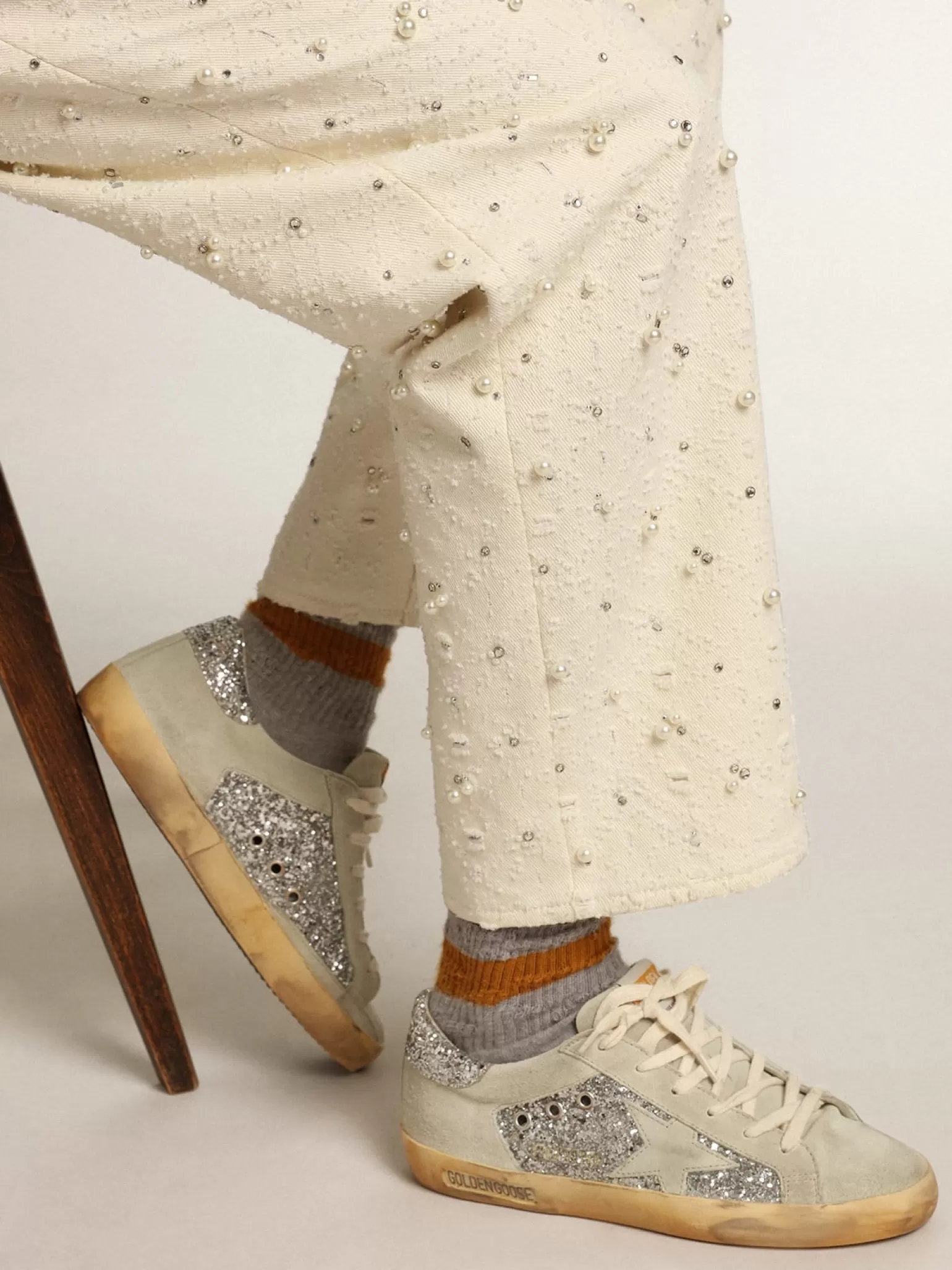 Store Super-Star feminino em glitter prateado com estrela e inserções cinza gelo MULHER Super-Star