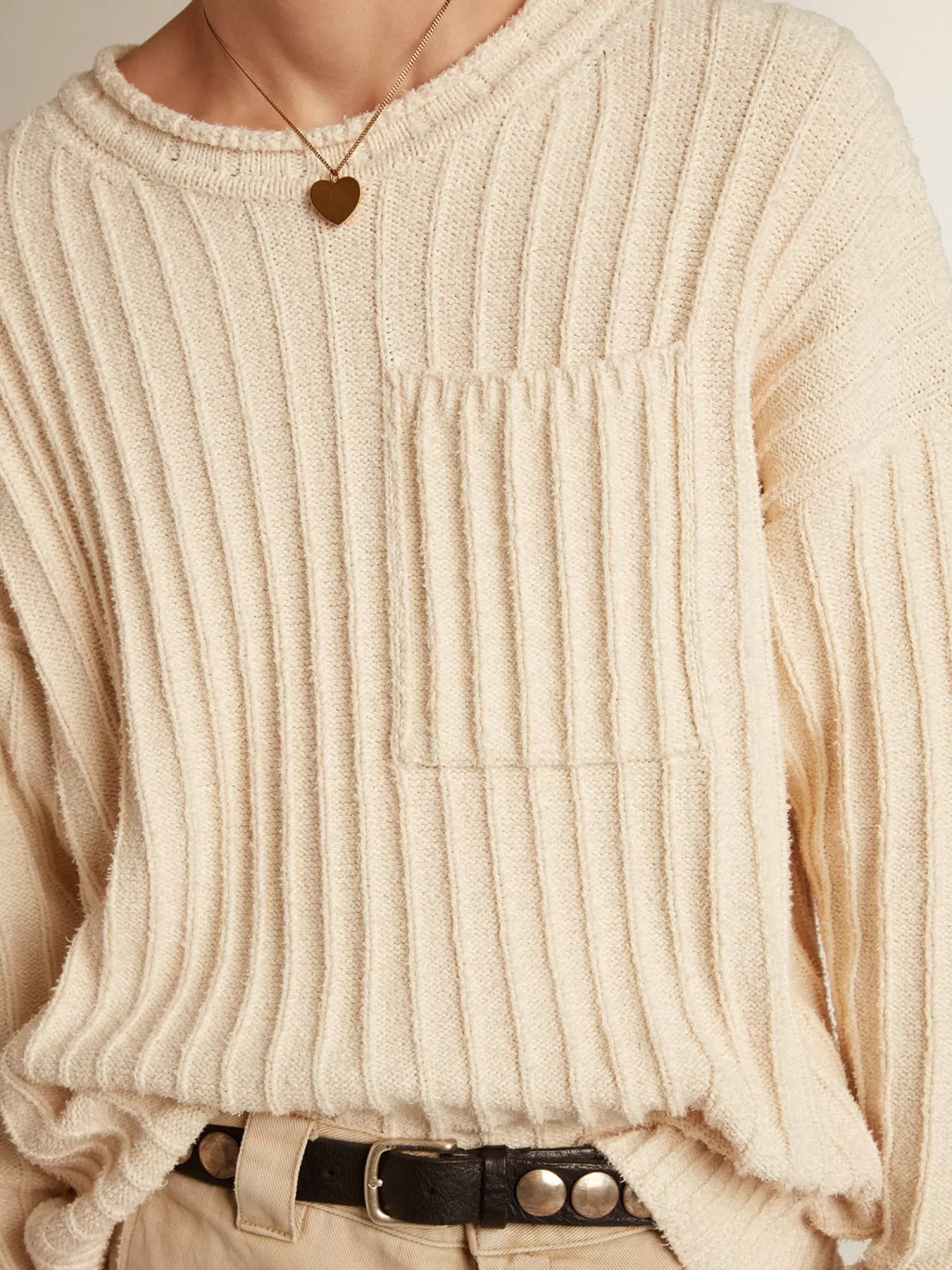 Cheap Suéter de gola redonda de linha de algodão misto cor de papiro Malhas