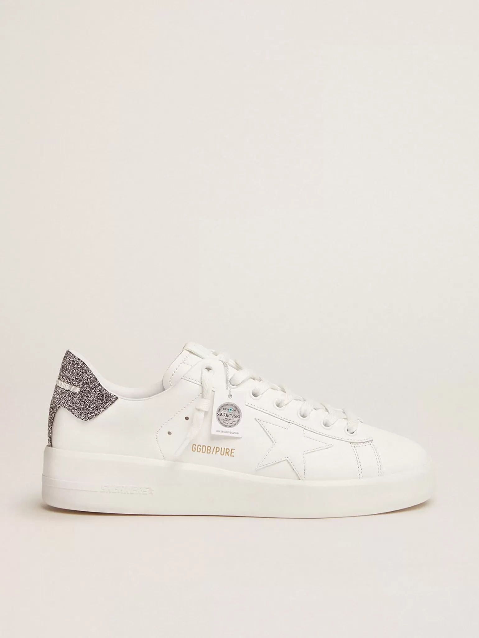Outlet Tênis Purestar de couro branco com talão de cristais prateados MULHER Purestar