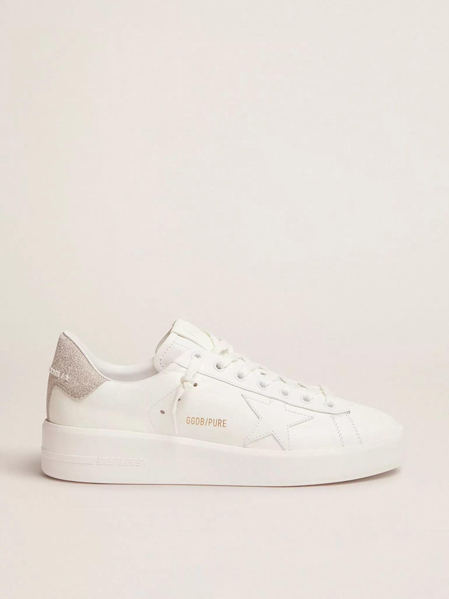 Flash Sale Tênis Purestar de couro branco e talão com glitter champanhe MULHER Purestar