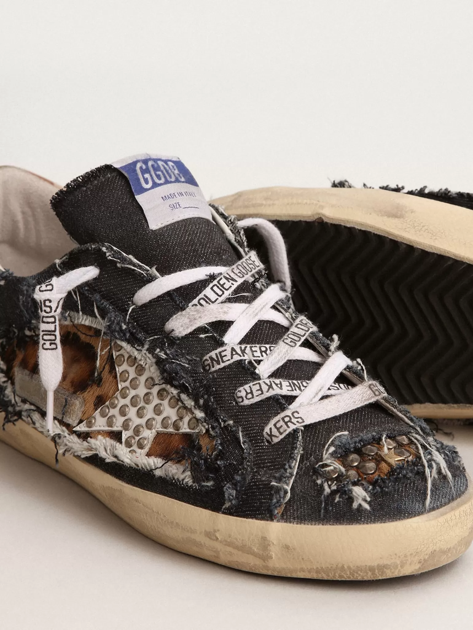 Best Tênis Super-Star feminino LAB de jeans e couro cavalinho com estampa de leopardo MULHER Super-Star