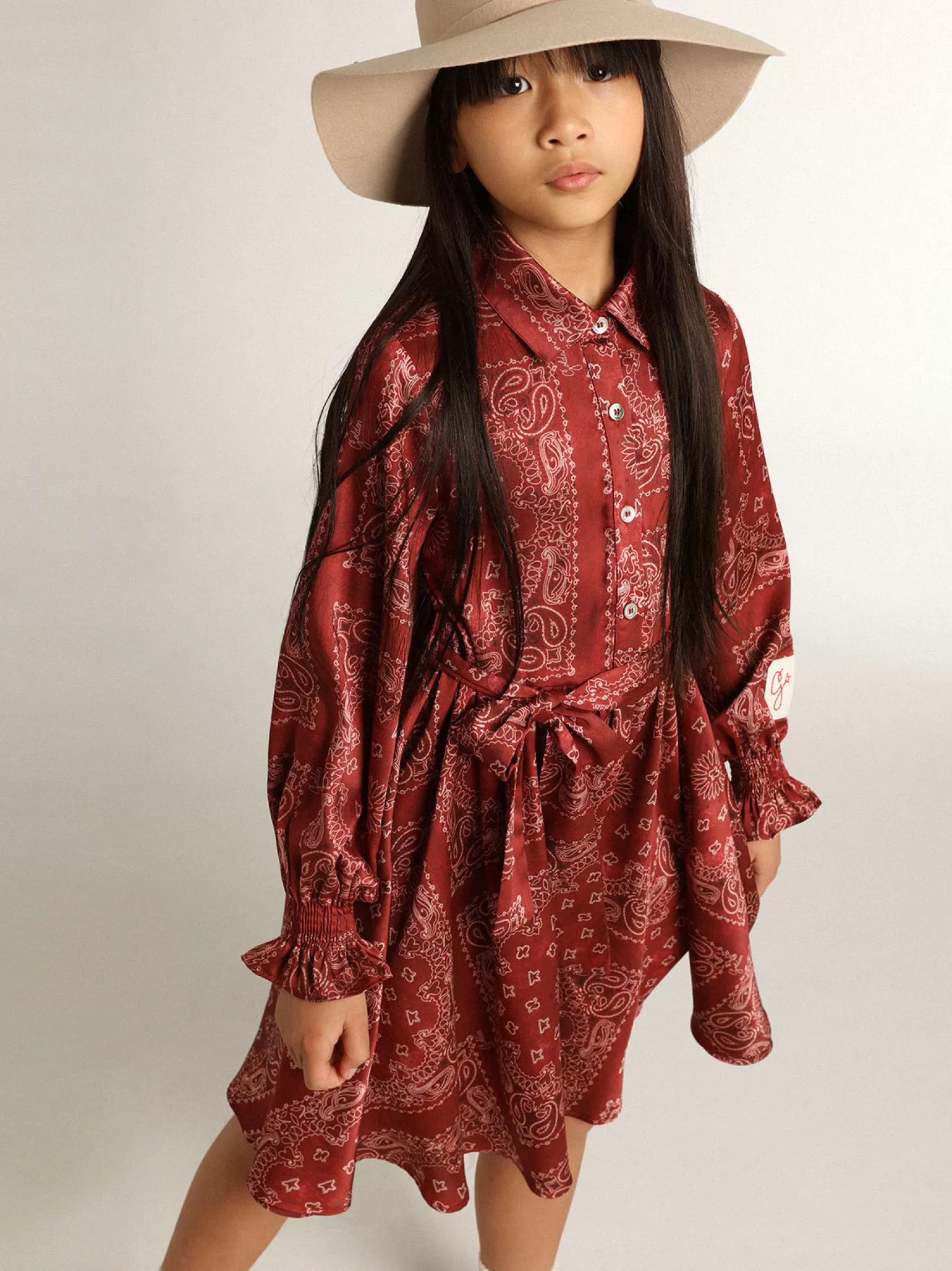 Sale Vestido chemise infantil feminino bordô com estampa caxemira Roupas de cima (4-12 years)