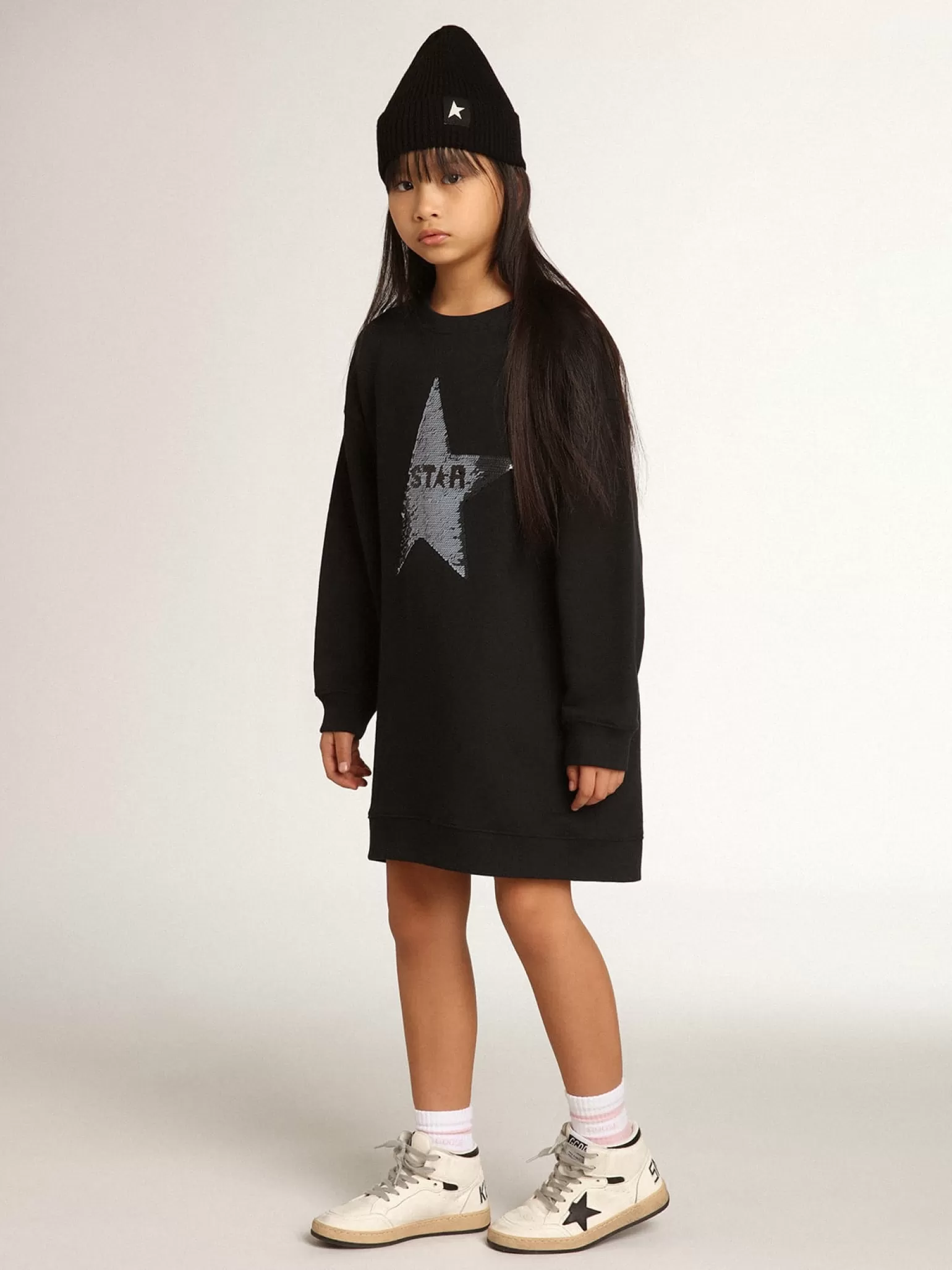 Flash Sale Vestido de moletom infantil feminino azul com estrela de lantejoulas Roupas de cima (4-12 years)