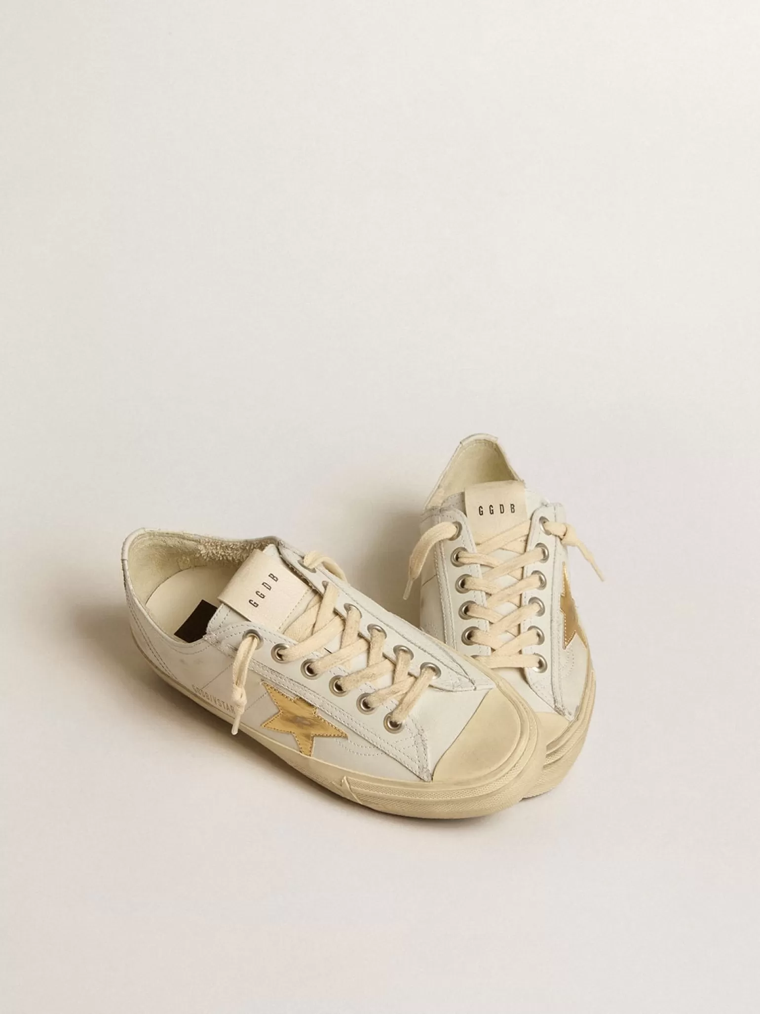 Best V-Star de couro branco com estrela de couro metálico dourado MULHER V-Star